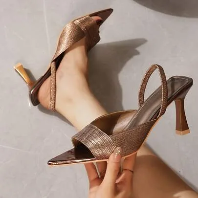 Pointed Toe Woven Strap High Heel Mule Sandals
