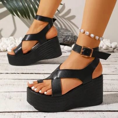 Minimalist Thick-Sole Wedge Sandals Solid Color Criss-Cross Strap by DareSee