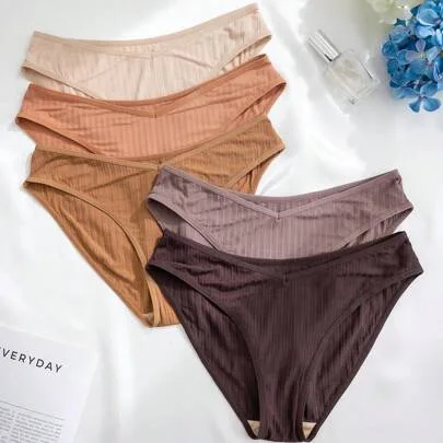 5pcs/Pack Solid Color V-Shaped Waist Ribbed Casual Panties by SHEIN
