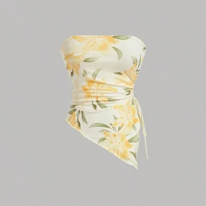 Floral Pattern Asymmetrical Hem Strapless Top Boho Lettuce Trim Ruched Slim Fit by SHEIN