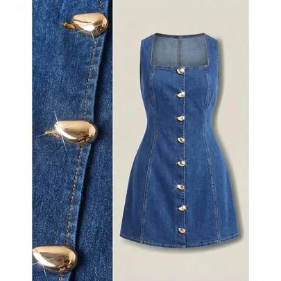 Metal Single-Breasted Sleeveless Casual Denim Dress by SHEIN