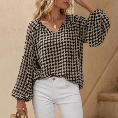 Notched Checker Bishop Sleeve Chiffon Blouse by EMERY ROSE