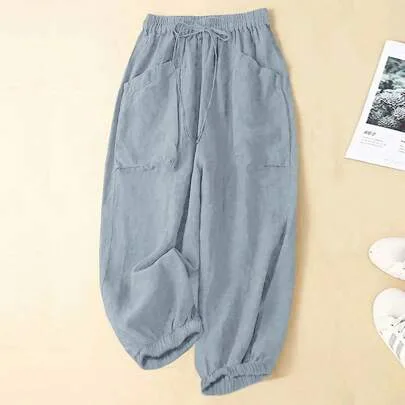 Casual Solid Color Double Pocket Drawstring Pants by Linhara