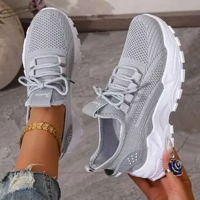 Platform Knit Mesh Sneakers Shock Absorbing Walking Tennis Shoes Non Slip Cushioned Running Trainers by FZY