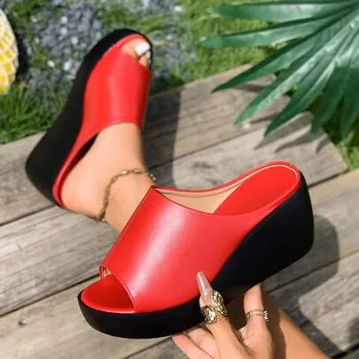 Peep Toe Platform Wedge Slide Sandals by SHEIN