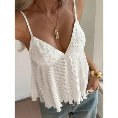 Solid Color Pleated Casual Versatile Camisole Top by SHEIN