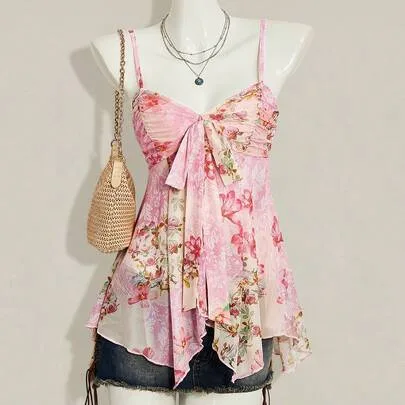 Floral Print Camisole Mesh Tank Top by SHEIN