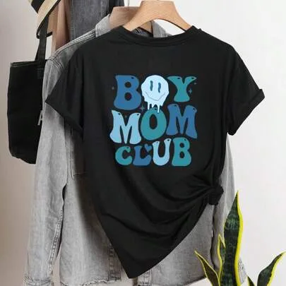 Cartoon & Letter Printed Short Sleeve T-Shirt BOY MOM CLUB Letter Graphic Tee by INAWLY