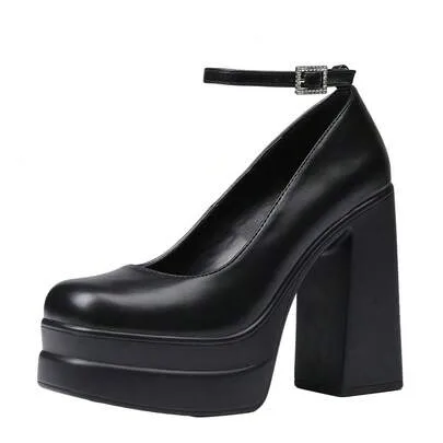 Mary Jane High Heeled Sandals Platform Chunky Heels Closed Square Toe Buckled Ankle Strap by SHEIN
