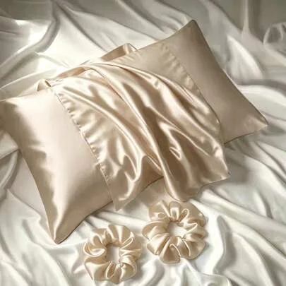 3pcs Satin Scrunchie & Pillowcase Set Faux Silk Solid Color Polyester by SHEIN