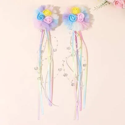 2pcs Rainbow Gradient Tassel Hair Clips Sweet Cute Flowers Decor Mesh Barrettes by SHEIN