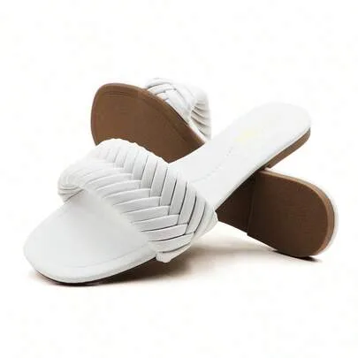 Square Open Toe Slides Braided Woven Single Band Slip on Flat Sandals by lunryet