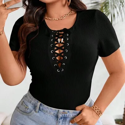 Solid Color Front Tie Short Sleeve Casual Top by EMERY ROSE