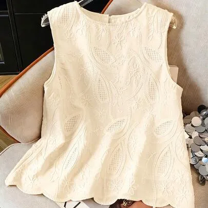 Embroidered Shell Trim Sleeveless Blouse by GlowEve