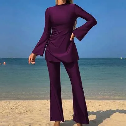 Solid Color High Neck Long Sleeve Dress with Ruffle Bell Sleeves Cinched Waist Swimwear by Swim Mulvari