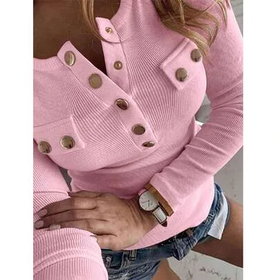 Square Neck Half-Zip Long Sleeve Casual T-Shirt with Metal Buckle by INAWLY