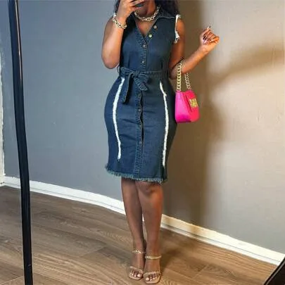 Sleeveless Denim Sheath Mid-Length Dress V-Neck Front Buttons Raw Edges