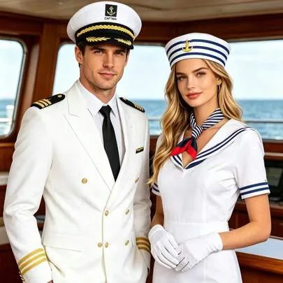 Navy Cap Sailor Cap Captain Hat Wheat Ear Hat Couple Style Costume Accessories Set Scarf by SHEIN