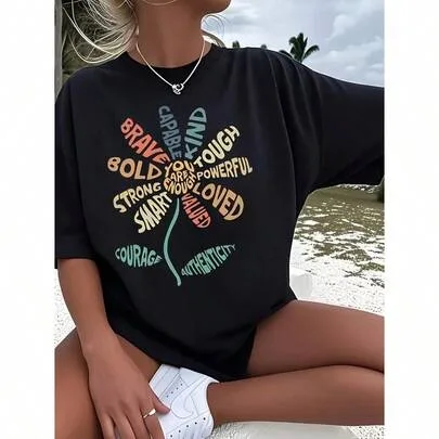 Flower Print Funny Graphic Short Sleeve 100% Cotton Crew Neck Tee by SHEIN