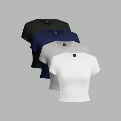 4pcs/Set Casual Round Neck Regular Shoulder Short Sleeve Form-Fitting T-Shirts by SHEIN