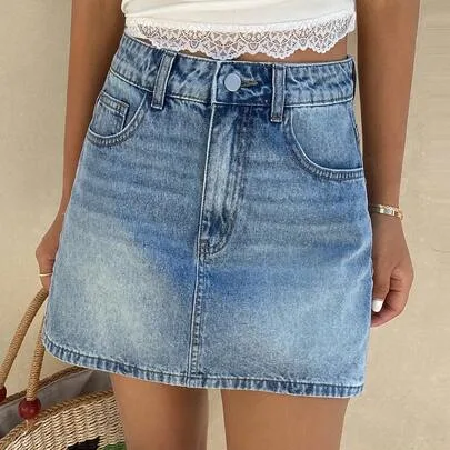 Regular Waist Straight Hem Mini Denim Skirt by DAZY