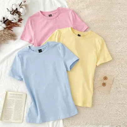 3pcs/Set 95% Cotton Round Neck Fitted Long Short Sleeve T-Shirt Set by Tseoso