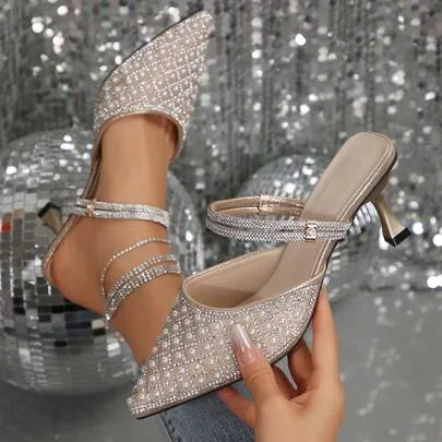 Rhinestone & Faux Pearl Pointed Toe High Heel Mules by SHEIN