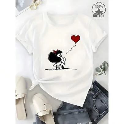 Cute Heart Balloon Print Round Neck Short Sleeve Casual T-Shirt by SHEIN