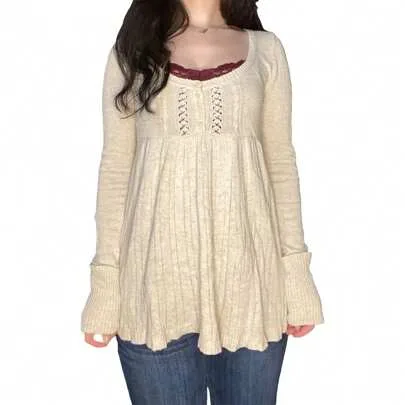 Knitted Solid Color Long Sleeve Button Square Neck Tunic Blouse by SHEIN