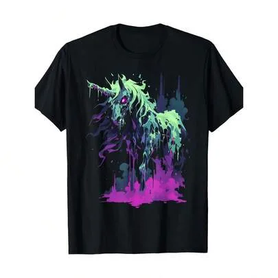 Zombie Unicorn Pattern Retro Neon Drip Paint Design Crew Neck Short Sleeve T-Shirt by SHEIN