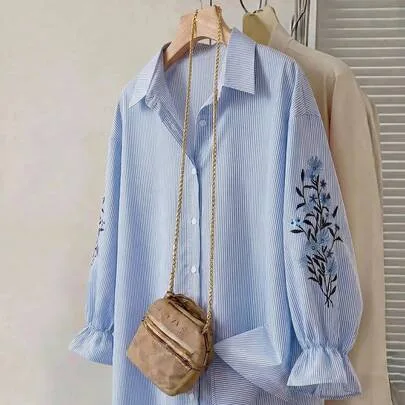 Casual Striped Long Sleeve Embroidered Button-Up Shirt by SHEIN