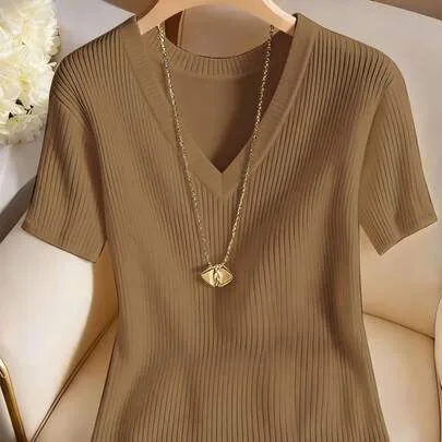 Elegant Casual V-Neck Short Sleeve T-Shirt by Franclia