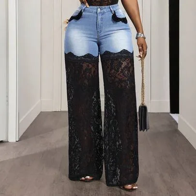 Patchwork Sheer Lace Loose Wide-Leg Jeans by SHEIN