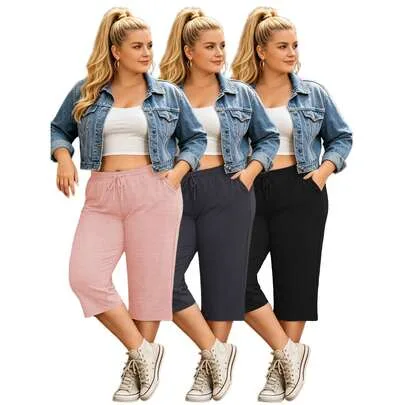 3-Pack Capri Pants, High Waist Wide Leg Sweatpants, Adjustable Drawstring Elastic Waistband Lightweight Soft Breathable Trousers by SHEIN