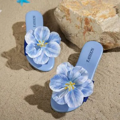 3D Floral Flat Slippers, Open Toe Beach Sandals, Bohemian Ombre Flower Decor Slides
