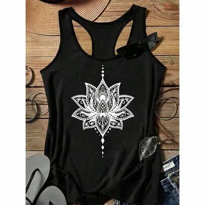 Casual Minimalist Lotus Graphic Racerback Tank Top by SHEIN