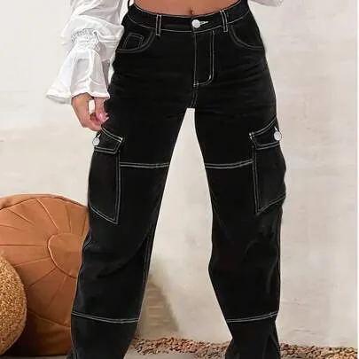 Baggy Denim Jeans, Straight Leg Cargo Style with Pockets, Button, Zipper, Long Length, and Contrast Stitching by SHEIN