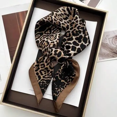 Luxury Leopard Print Scarf, Faux Silk Neckerchief, Casual Versatile Decorative Small Scarf by Livesso