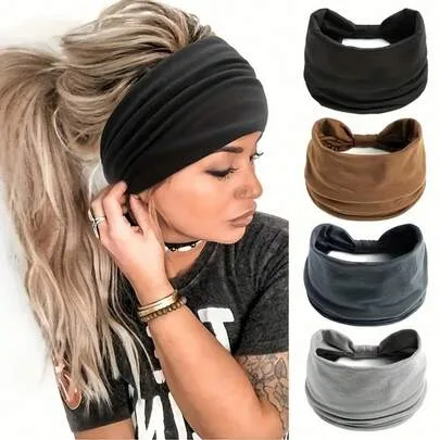 Sweat-Wicking Wide Headbands, Stretchy Polyester Knit Hairbands by SHEIN