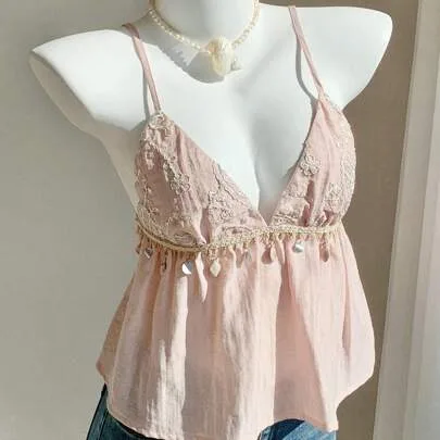Vacation Vintage Boho Floral Embroidery Shell Trim Camisole Shirt by Comfortcana