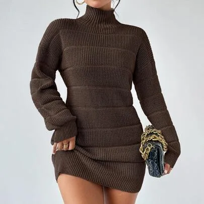 Casual High Neck Drop Shoulder Long Sleeve Knitted Sweater Dress by RosyDaze