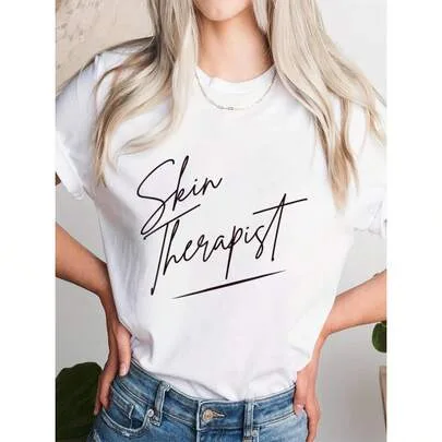 Skin Therapist Dermatologist Esthetician Skincare Printed Cotton Round Neck Short Sleeve Casual T-Shirt Graphic Tee by SHEIN