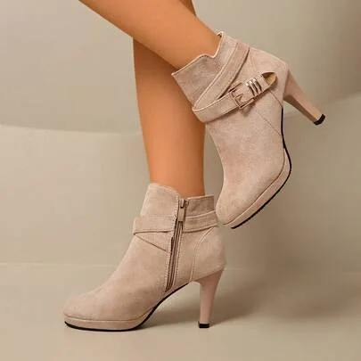 Ankle Boots with Side Zipper, Chunky High Heel Round Toe Boots by SHEIN
