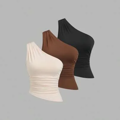 Asymmetric Hem Ruched Waist Casual Top by Sweetra