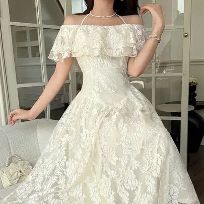 Summer Elegant Solid Color Lace Open Shoulder Halter Neck Evening Wedding Dress by Feyla