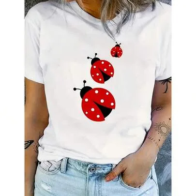 Ladybug Print T-Shirt, Soft Casual Round Neck Short Sleeve Breathable by SHEIN