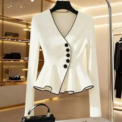Elegant Color-Blocked Long Sleeves Fitted Waist Blouse by Franclia
