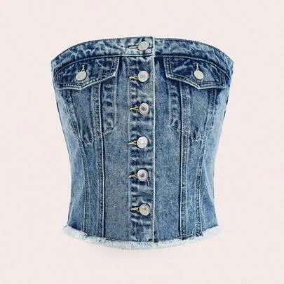 Summer Casual Washed Front Button Camisole Denim Top by SHEIN