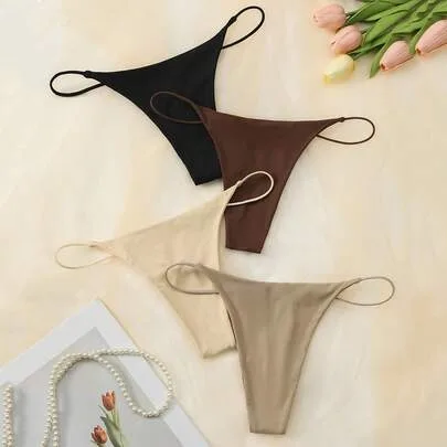 4pcs/Set Solid Color Seamless Thong Panties by SHEIN