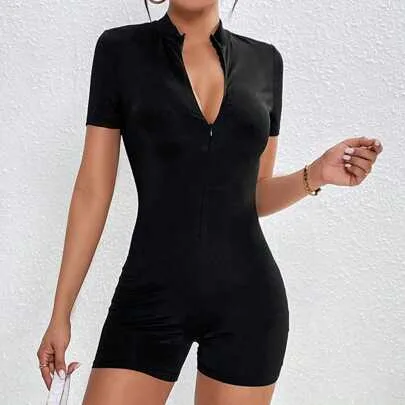 Zip Up Half Zip Unitard Romper by SHEIN